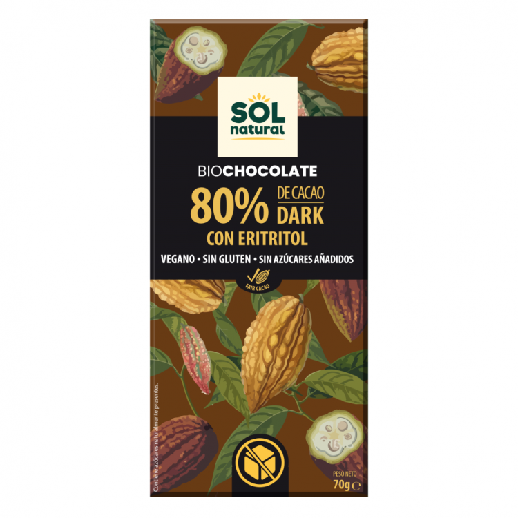 CHOCOLATE 80% CON ERITRITOL 70G SOLNATURAL