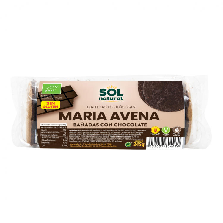MARIA AVENA SIN GLUTEN BAÑADA EN CHOCOLATE 200G.